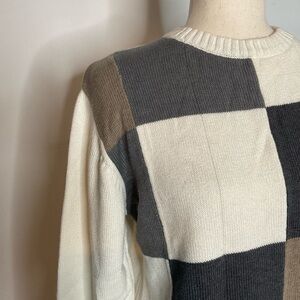 Vintage Oscar De La Renta White Colorblock Checkered Crewneck Pullover Sweater